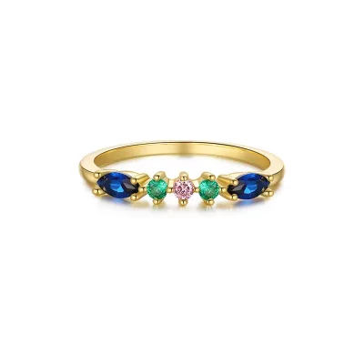 сребърен пръстен със златно покритие и цветни скъпоценни камъни