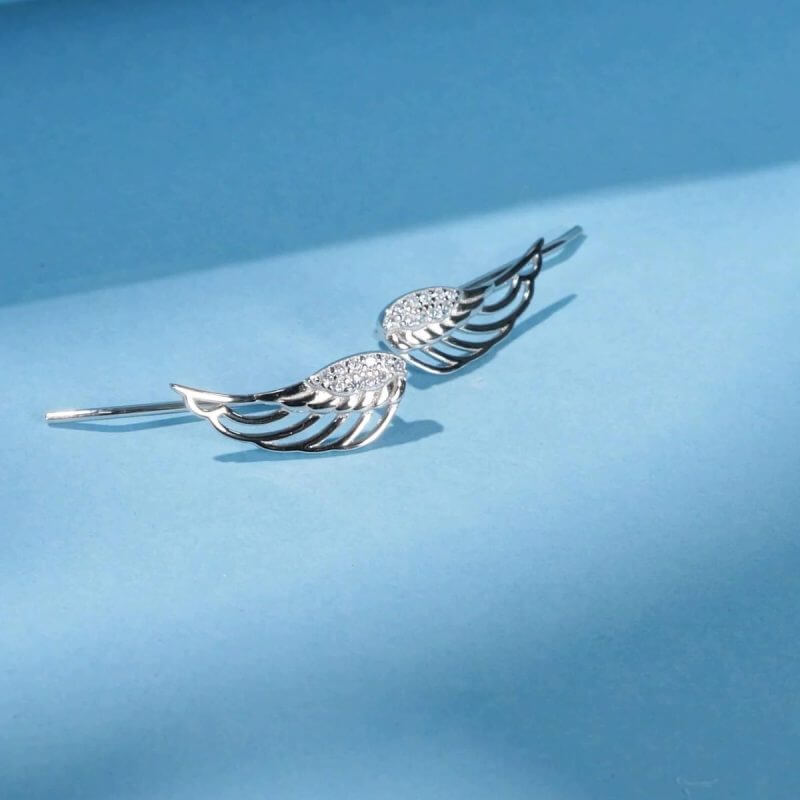 сребърни обеци във формата на криле, снимка на син фон