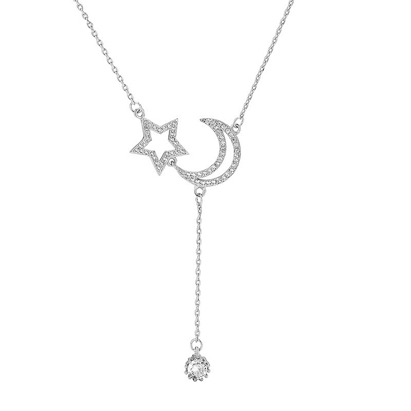 Сребърно колие - Нощно небе - Сребърно колие Silver Sense - Нощно небе със звезда и луна от циркони, на бял фон Сребърно колие Silver Sense - Нощно небе със звезда и луна от циркони, на бял фон